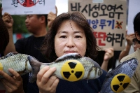 An activist in Seoul protests Japan’s plan to release treated wastewater from the Fukushima No. 1 nuclear plant. | REUTERS
