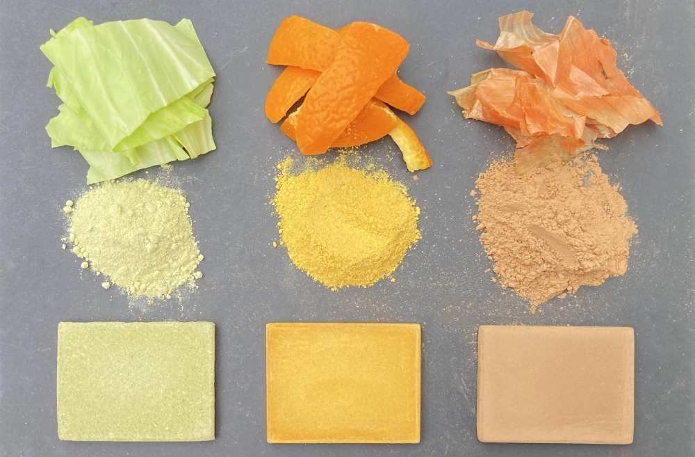 Materials derived from cabbage (left), iyokan (center) and onion by Tokyo-based startup Fabula, which is working to develop new materials that can replace concrete.  Materials derived from cabbage (left), iyokan (center) and onion by Tokyo-based startup Fabula, which is working to develop new materials that can replace concrete.
