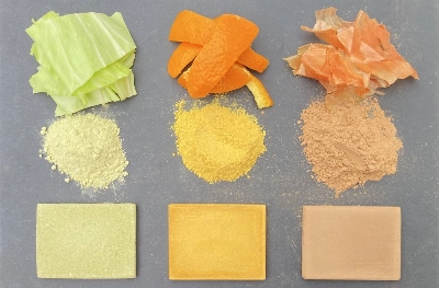 Materials derived from cabbage (left), iyokan (center) and onion by Tokyo-based startup Fabula, which is working to develop new materials that can replace concrete.  Materials derived from cabbage (left), iyokan (center) and onion by Tokyo-based startup Fabula, which is working to develop new materials that can replace concrete.