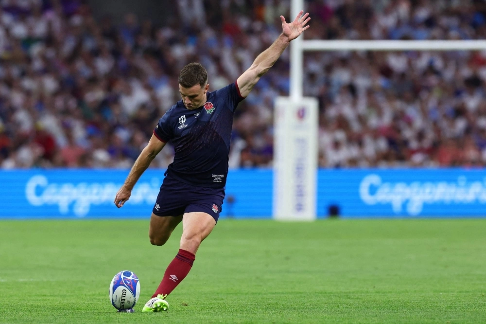 England flyhalf George Ford kicks a penalty during a 2023 Rugby World Cup Pool D match against Argentina in Marseille, France, on Saturday. England flyhalf George Ford kicks a penalty during a 2023 Rugby World Cup Pool D match against Argentina in Marseille, France, on Saturday.