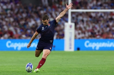 England flyhalf George Ford kicks a penalty during a 2023 Rugby World Cup Pool D match against Argentina in Marseille, France, on Saturday. England flyhalf George Ford kicks a penalty during a 2023 Rugby World Cup Pool D match against Argentina in Marseille, France, on Saturday.