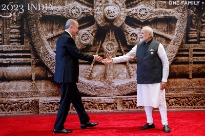 Indian Prime Minister Narendra Modi and Turkish President Recep Tayyip Erdogan meet ahead of the Group of 20 leaders' summit in New Delhi on Saturday. Indian Prime Minister Narendra Modi and Turkish President Recep Tayyip Erdogan meet ahead of the Group of 20 leaders' summit in New Delhi on Saturday.