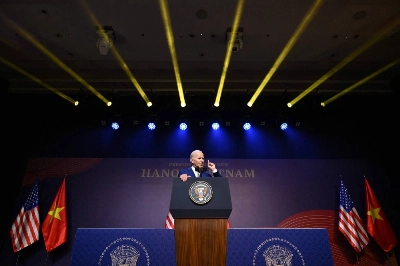 U.S. President Joe Biden holds a news conference in Hanoi on Sunday, the first day of a visit in Vietnam. U.S. President Joe Biden holds a news conference in Hanoi on Sunday, the first day of a visit in Vietnam.