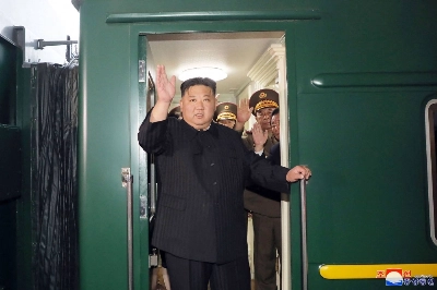 North Korean leader Kim Jong Un waves as he departs by train from Pyongyang for a visit to Russia in this image released Tuesday. North Korean leader Kim Jong Un waves as he departs by train from Pyongyang for a visit to Russia in this image released Tuesday.