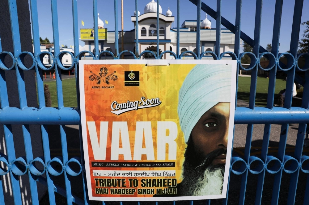 A sign outside the Guru Nanak Sikh Gurdwara temple is seen after the June killing of Sikh leader Hardeep Singh Nijjar, in British Columbia, Canada, on Monday. A sign outside the Guru Nanak Sikh Gurdwara temple is seen after the June killing of Sikh leader Hardeep Singh Nijjar, in British Columbia, Canada, on Monday.