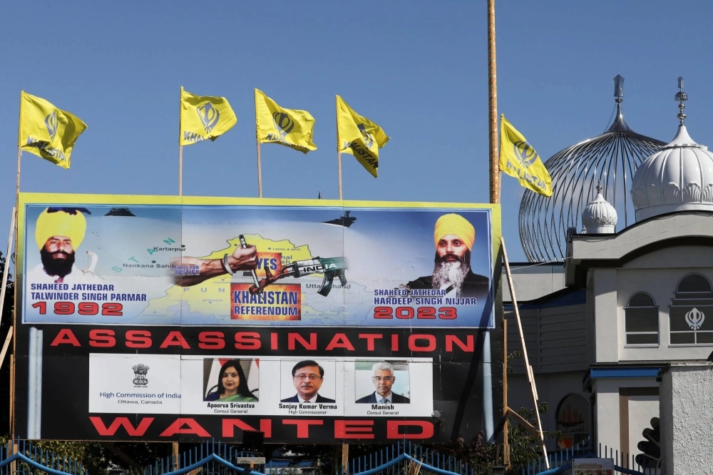 A sign outside the Guru Nanak Sikh Gurdwara temple in Canada, where Sikh leader Hardeep Singh Nijjar was killed in June 2023. A sign outside the Guru Nanak Sikh Gurdwara temple in Canada, where Sikh leader Hardeep Singh Nijjar was killed in June 2023.