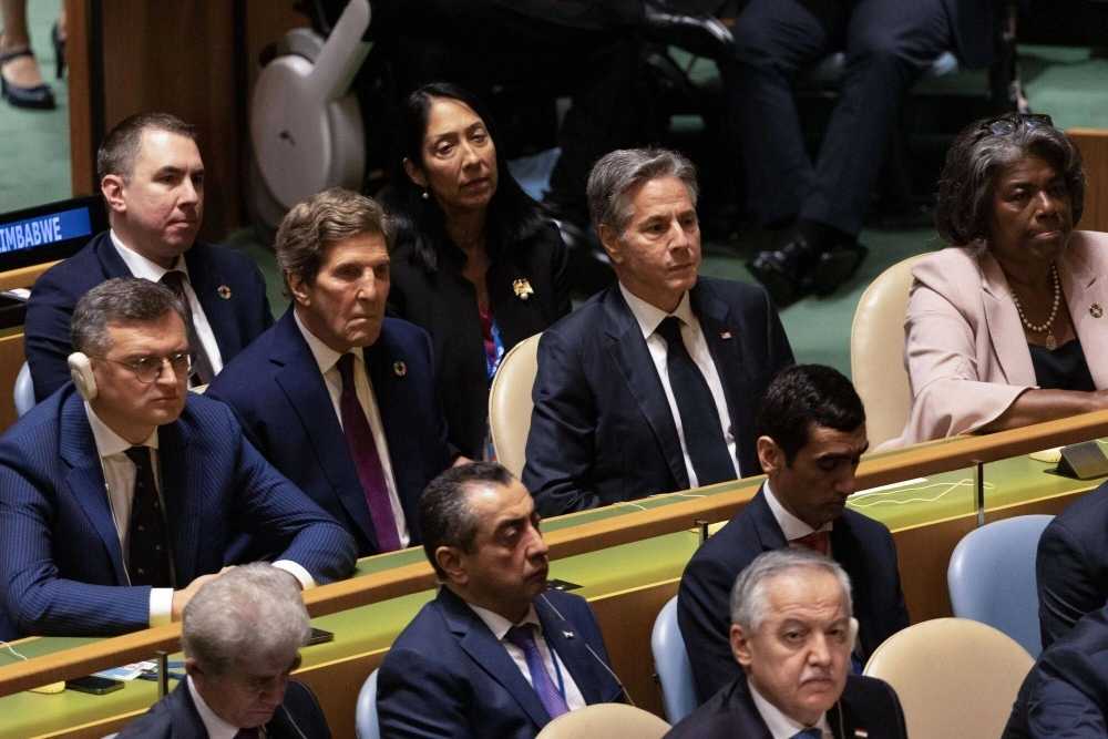 Linda Thomas-Greenfield, U.S. ambassador to the United Nations (right), Antony Blinken, U.S. secretary of state (center right), and John Kerry, U.S. special presidential envoy for climate (center left), attend the United Nations General Assembly in New York on Tuesday. Linda Thomas-Greenfield, U.S. ambassador to the United Nations (right), Antony Blinken, U.S. secretary of state (center right), and John Kerry, U.S. special presidential envoy for climate (center left), attend the United Nations General Assembly in New York on Tuesday.