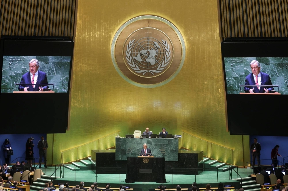 United Nations Secretary-General Antonio Guterres addresses the 78th Session of the U.N. General Assembly in New York on Tuesday. United Nations Secretary-General Antonio Guterres addresses the 78th Session of the U.N. General Assembly in New York on Tuesday.