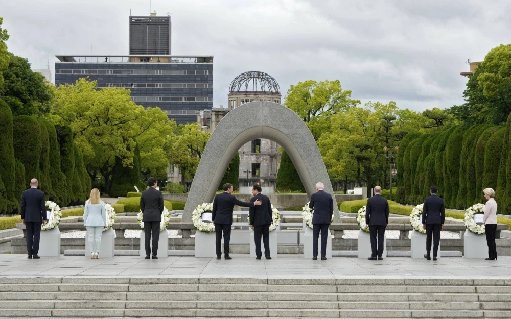 Group of Seven leaders, including Prime Minister Fumio Kishida (center), lay floral wreaths at the Cenotaph for Atomic Bomb Victims in the Peace Memorial Park in Hiroshima on May 19. Group of Seven leaders, including Prime Minister Fumio Kishida (center), lay floral wreaths at the Cenotaph for Atomic Bomb Victims in the Peace Memorial Park in Hiroshima on May 19.