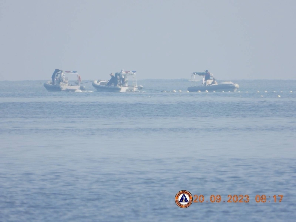 China Coast Guard and other vessels install a floating barrier in a flash point area of the contested South China Sea, just 230 kilometers from the Philippine coast on Friday, in this image posted to X on Sunday. China Coast Guard and other vessels install a floating barrier in a flash point area of the contested South China Sea, just 230 kilometers from the Philippine coast on Friday, in this image posted to X on Sunday.