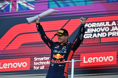 Max Verstappen celebrates leading team Red Bull to their second consecutive constructors’ title at the Japanese Grand Prix at Suzuka Circuit in Mie Prefecture on Sunday. Max Verstappen celebrates leading team Red Bull to their second consecutive constructors’ title at the Japanese Grand Prix at Suzuka Circuit in Mie Prefecture on Sunday.
