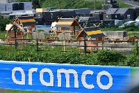 "Bee hotels" at Suzuka Circuit created by former Formula One driver Sebastian Vettel in a bid to raise awareness about the world's biodiversity crisis. An ad for Saudi Aramco is in the foreground, while freight containers used to bring F1 racing to 20 countries are in the background.  | Dan Orlowitz