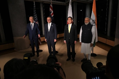 U.S. President Joe Biden (left), Prime Minister Anthony Albanese of Australia (center left), Prime Minister Fumio Kishida of Japan (center right) and Prime Minister Narendra Modi of India (right) participate in a Quad Leaders' meeting on May 20 in Hiroshima. U.S. President Joe Biden (left), Prime Minister Anthony Albanese of Australia (center left), Prime Minister Fumio Kishida of Japan (center right) and Prime Minister Narendra Modi of India (right) participate in a Quad Leaders' meeting on May 20 in Hiroshima.