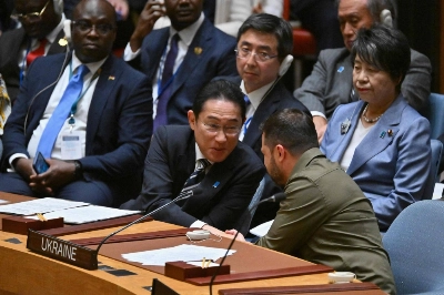Prime Minister Fumio Kishida shakes hands with Ukrainian President Volodymyr Zelenskyy during a high level Security Council meeting on the situation in Ukraine, on the sidelines of the 78th U.N. General Assembly at U.N. headquarters in New York on Sept. 20. Prime Minister Fumio Kishida shakes hands with Ukrainian President Volodymyr Zelenskyy during a high level Security Council meeting on the situation in Ukraine, on the sidelines of the 78th U.N. General Assembly at U.N. headquarters in New York on Sept. 20.