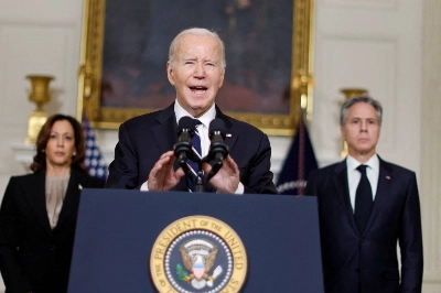 U.S. President Joe Biden, accompanied by Vice President Kamala Harris and Secretary of State Antony Blinken, delivers remarks Tuesday after speaking with Israeli Prime Minister Benjamin Netanyahu about the situation following Hamas' deadly attacks on Israel. U.S. President Joe Biden, accompanied by Vice President Kamala Harris and Secretary of State Antony Blinken, delivers remarks Tuesday after speaking with Israeli Prime Minister Benjamin Netanyahu about the situation following Hamas' deadly attacks on Israel.