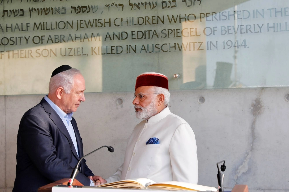 Indian Prime Minister Narendra Modi and his Israeli counterpart, Benjamin Netanyahu, visit the Yad Vashem Holocaust Memorial in Jerusalem in July 2017.  Indian Prime Minister Narendra Modi and his Israeli counterpart, Benjamin Netanyahu, visit the Yad Vashem Holocaust Memorial in Jerusalem in July 2017.