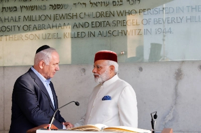 Indian Prime Minister Narendra Modi and his Israeli counterpart, Benjamin Netanyahu, visit the Yad Vashem Holocaust Memorial in Jerusalem in July 2017.  Indian Prime Minister Narendra Modi and his Israeli counterpart, Benjamin Netanyahu, visit the Yad Vashem Holocaust Memorial in Jerusalem in July 2017.