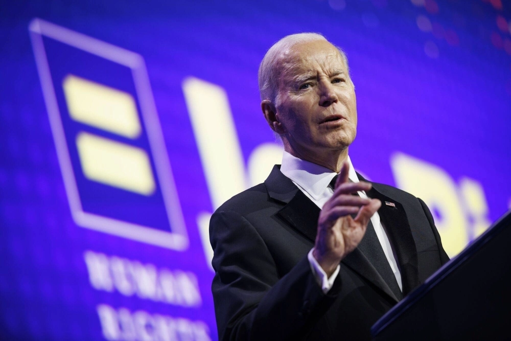 U.S. President Joe Biden speaks at the Human Rights Campaign national dinner in Washington on Saturday.  U.S. President Joe Biden speaks at the Human Rights Campaign national dinner in Washington on Saturday.
