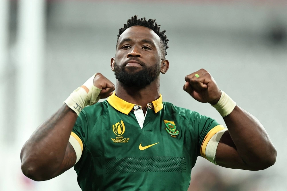South Africa's Siya Kolisi celebrates after his team's quarterfinal win over France at the Rugby World Cup in Saint-Denis, France, on Oct. 15. South Africa's Siya Kolisi celebrates after his team's quarterfinal win over France at the Rugby World Cup in Saint-Denis, France, on Oct. 15.