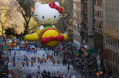 A Hello Kitty balloon is paraded down 6th Ave during the 91st Macy's Thanksgiving Day Parade in New York City in November 2017. A Hello Kitty balloon is paraded down 6th Ave during the 91st Macy's Thanksgiving Day Parade in New York City in November 2017.