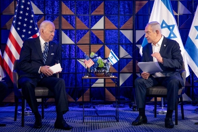 U.S. President Joe Biden meets with Israeli Prime Minister Benjamin Netanyahu to discuss the ongoing conflict between Israel and Hamas, in Tel Aviv, Israel, on Oct. 18. U.S. President Joe Biden meets with Israeli Prime Minister Benjamin Netanyahu to discuss the ongoing conflict between Israel and Hamas, in Tel Aviv, Israel, on Oct. 18.