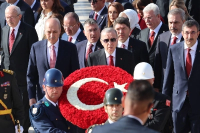 Turkish President Recep Tayyip Erdogan (center) and state officials visit Anitkabir, mausoleum of Turkish Republic's Founder Mustafa Kemal Ataturk, to mark the 100th anniversary of the Turkish Republic in Ankara on Sunday. Turkish President Recep Tayyip Erdogan (center) and state officials visit Anitkabir, mausoleum of Turkish Republic's Founder Mustafa Kemal Ataturk, to mark the 100th anniversary of the Turkish Republic in Ankara on Sunday.