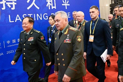 China's powerful vice chairman of the Central Military Commission, Zhang Youxian (left), and Russian Defense Minister Sergei Shoigu arrive for the Beijing Xiangshan Forum in the Chinese capital on Monday. China's powerful vice chairman of the Central Military Commission, Zhang Youxian (left), and Russian Defense Minister Sergei Shoigu arrive for the Beijing Xiangshan Forum in the Chinese capital on Monday.