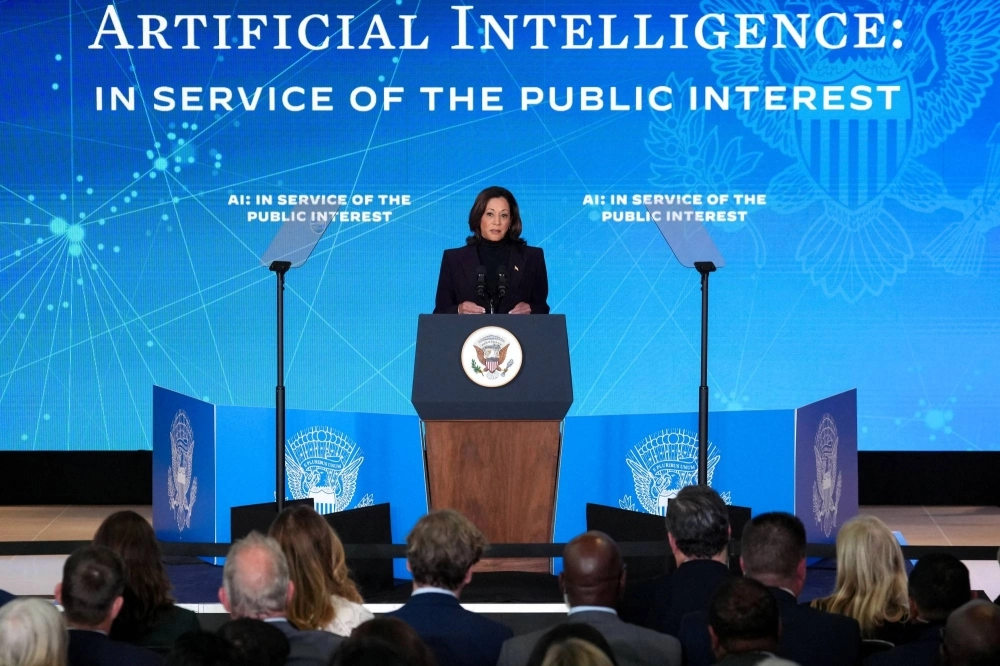 U.S. Vice President Kamala Harris speaks about Artificial Intelligence during the first day of the AI Safety Summit 2023, in London on Wednesday.  U.S. Vice President Kamala Harris speaks about Artificial Intelligence during the first day of the AI Safety Summit 2023, in London on Wednesday.