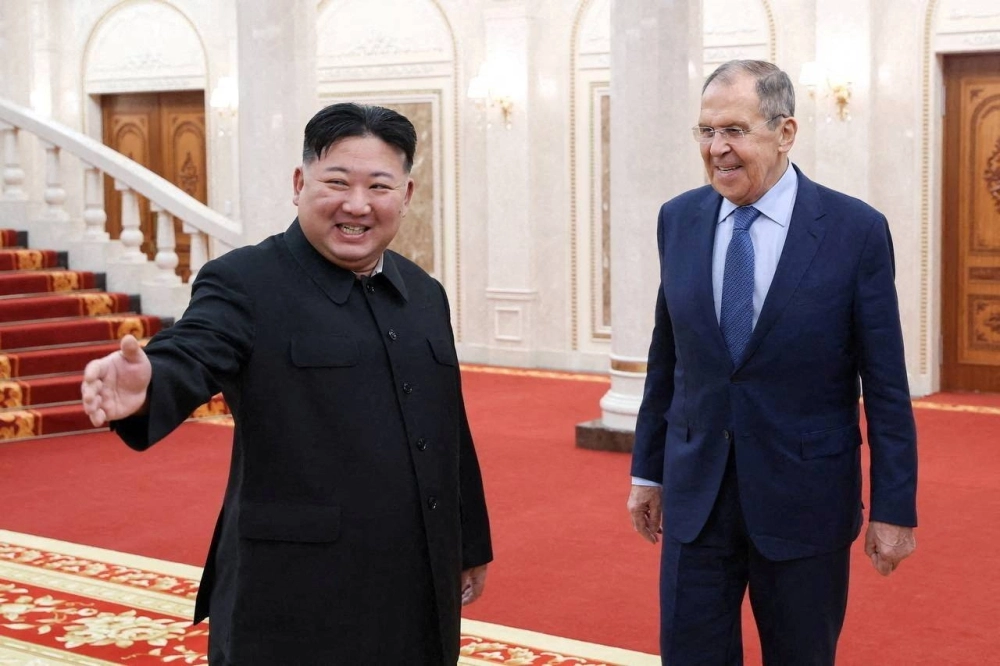 North Korean leader Kim Jong Un welcomes Russian Foreign Minister Sergey Lavrov during a meeting in Pyongyang on Oct. 19. North Korean leader Kim Jong Un welcomes Russian Foreign Minister Sergey Lavrov during a meeting in Pyongyang on Oct. 19.