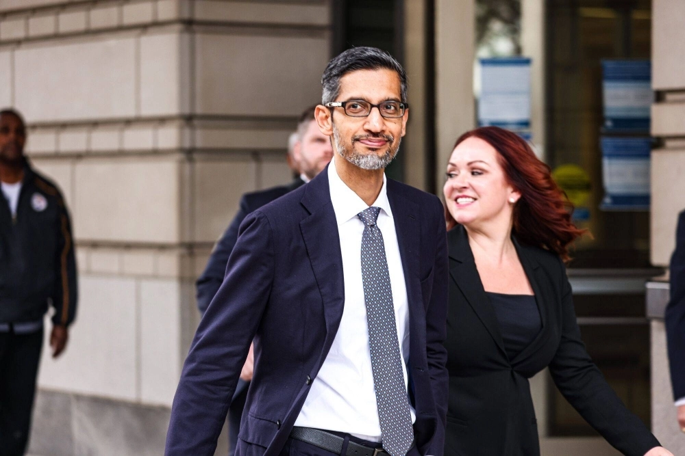 Sundar Pichai, CEO of Alphabet, exits federal court in Washington on Oct. 30. Sundar Pichai, CEO of Alphabet, exits federal court in Washington on Oct. 30.