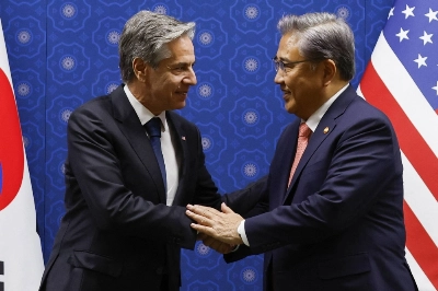 U.S. Secretary of State Antony Blinken meets with South Korean Foreign Minister Park Jin at the Ministry of Foreign Affairs in Seoul on Thursday. U.S. Secretary of State Antony Blinken meets with South Korean Foreign Minister Park Jin at the Ministry of Foreign Affairs in Seoul on Thursday.