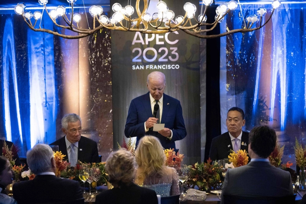 U.S. President Joe Biden makes a toast during the leaders and spouses dinner at the Asia Pacific Economic Cooperation summit in San Francisco on Thursday. U.S. President Joe Biden makes a toast during the leaders and spouses dinner at the Asia Pacific Economic Cooperation summit in San Francisco on Thursday.