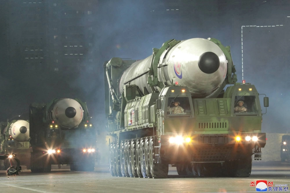 Hwasong-17 intercontinental ballistic missiles take part in a nighttime military parade to mark the 90th anniversary of the founding of the Korean People's Revolutionary Army in Pyongyang in this undated photo released in April 2022. Hwasong-17 intercontinental ballistic missiles take part in a nighttime military parade to mark the 90th anniversary of the founding of the Korean People's Revolutionary Army in Pyongyang in this undated photo released in April 2022.