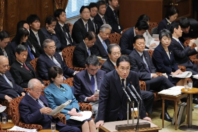 Prime Minister Fumio Kishida answers questions during an Upper House budget committee meeting on Monday. Prime Minister Fumio Kishida answers questions during an Upper House budget committee meeting on Monday.