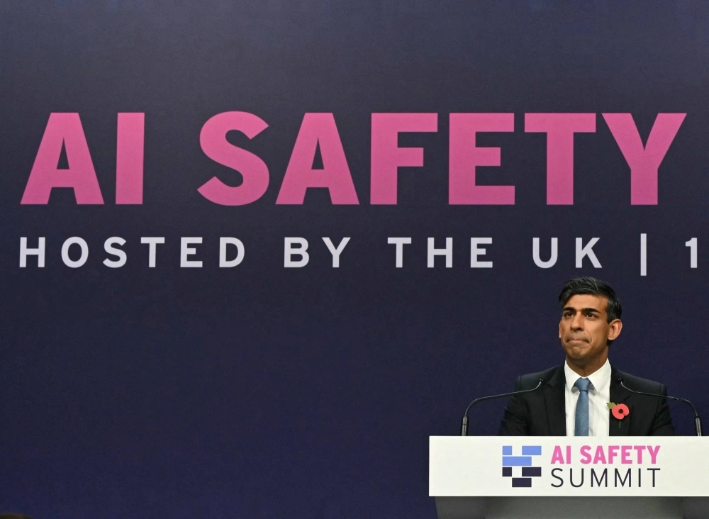 British Prime Minister Rishi Sunak addresses a news conference during an artificial intelligence safety summit in Milton Keynes, England, on Nov. 2.   British Prime Minister Rishi Sunak addresses a news conference during an artificial intelligence safety summit in Milton Keynes, England, on Nov. 2.