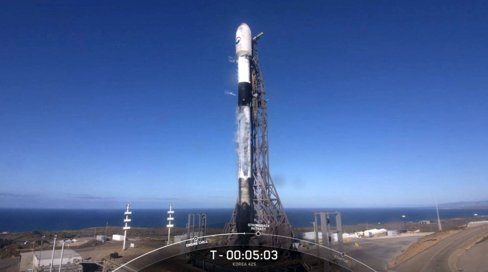 A screen grab from a video taken by SpaceX shows the Falcon 9 rocket minutes before it launched a South Korean spy satellite on Friday at Vandenberg Air Force Base in California.  A screen grab from a video taken by SpaceX shows the Falcon 9 rocket minutes before it launched a South Korean spy satellite on Friday at Vandenberg Air Force Base in California.