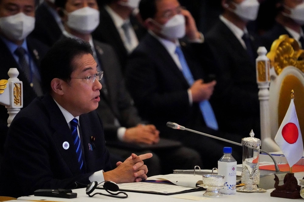 Prime Minister Fumio Kishida speaks at an ASEAN summit in Phnom Penh in 2022.  Prime Minister Fumio Kishida speaks at an ASEAN summit in Phnom Penh in 2022.