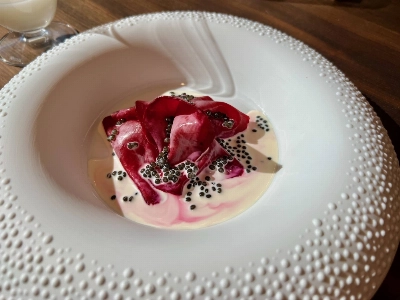 Beet carpaccio served with fresh cream and caviar, the signature dish of three-Michelin-star chef Mauro Colagreco, features at Cycle, his much-anticipated new restaurant in Otemachi. Beet carpaccio served with fresh cream and caviar, the signature dish of three-Michelin-star chef Mauro Colagreco, features at Cycle, his much-anticipated new restaurant in Otemachi.