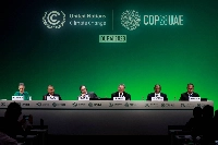 Colombia's President Gustavo Petro, Tuvalu's Prime Minister Kausea Natano, Vanuatu's Climate Minister Ralph Regenvanu, Antigua and Barbuda's Prime Minister Gaston Alphonso Browne, Palau's Minister of Agriculture, Fisheries and Environment Steven Victor, and moderator and political director of the Fossil Fuel Non-Proliferation Treaty Initiative Gillian Cooper attend an event as a group of nation announcing their intention to seek a negotiating mandate for a Fossil Fuel Non-Proliferation Treaty, during COP28 in Dubai on Dec. 2 | REUTERS