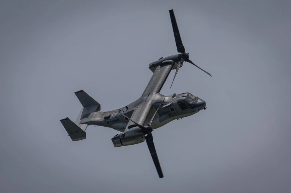 A Ground Self-Defense Force V-22 Osprey aircraft takes part in a live-fire exercise at the East Fuji Maneuver Area in Gotemba, Shizuoka Prefecture, in May. A Ground Self-Defense Force V-22 Osprey aircraft takes part in a live-fire exercise at the East Fuji Maneuver Area in Gotemba, Shizuoka Prefecture, in May.