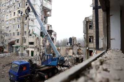 An apartment block that was heavily damaged by a Russian missile strike in Dnipro, Ukraine, on Jan. 18, 2023. Housing, transportation networks and various types of other infrastructure facilities across the nation have suffered substantial damage in the wake of Russia's invasion. An apartment block that was heavily damaged by a Russian missile strike in Dnipro, Ukraine, on Jan. 18, 2023. Housing, transportation networks and various types of other infrastructure facilities across the nation have suffered substantial damage in the wake of Russia's invasion.