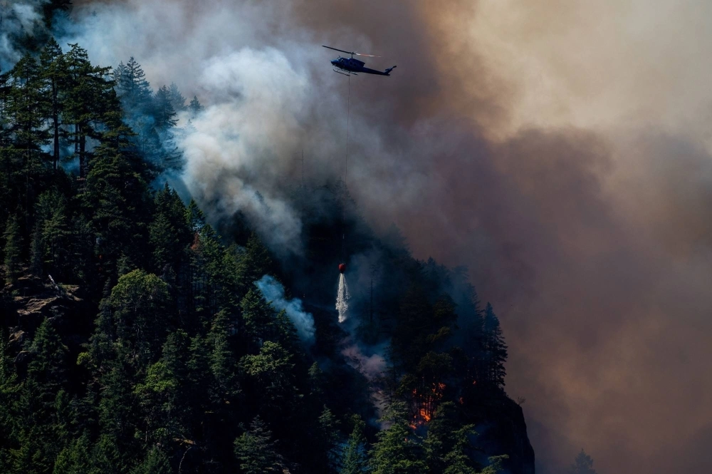 A helicopter waterbombs fires near Port Alberni, British Columbia, on June 6. Record wildfires devastated huge swaths of forest in Canada, with scientists saying the disasters were made worse by climate change. A helicopter waterbombs fires near Port Alberni, British Columbia, on June 6. Record wildfires devastated huge swaths of forest in Canada, with scientists saying the disasters were made worse by climate change.
