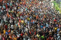 A political rally in Bengaluru, India, on April 29. Earlier this year, the South Asian nation surpassed China to become the world’s most populous country. | AFP-Jiji