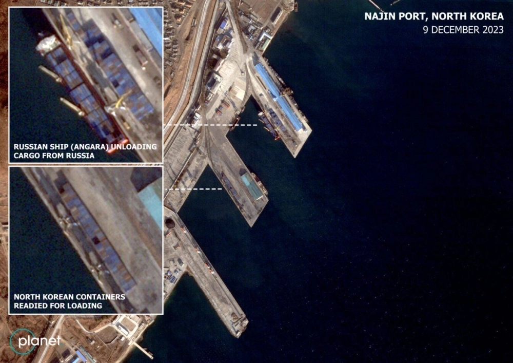 An image from Dec. 9 appears to show the Russian container ship Angara, sanctioned by the U.S., unloading cargo at Najin port while containers from North Korea await loading at an adjacent pier. An image from Dec. 9 appears to show the Russian container ship Angara, sanctioned by the U.S., unloading cargo at Najin port while containers from North Korea await loading at an adjacent pier.