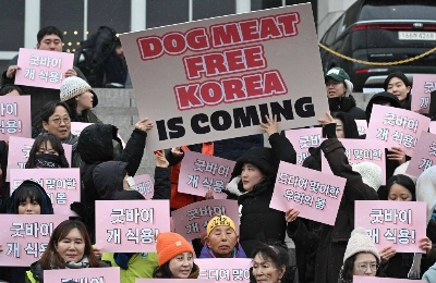 Animal rights activists hold placards reading "Good bye dog meat!" during a rally welcoming a bill banning the dog meat trade, at the National Assembly in Seoul on Tuesday. Animal rights activists hold placards reading "Good bye dog meat!" during a rally welcoming a bill banning the dog meat trade, at the National Assembly in Seoul on Tuesday.