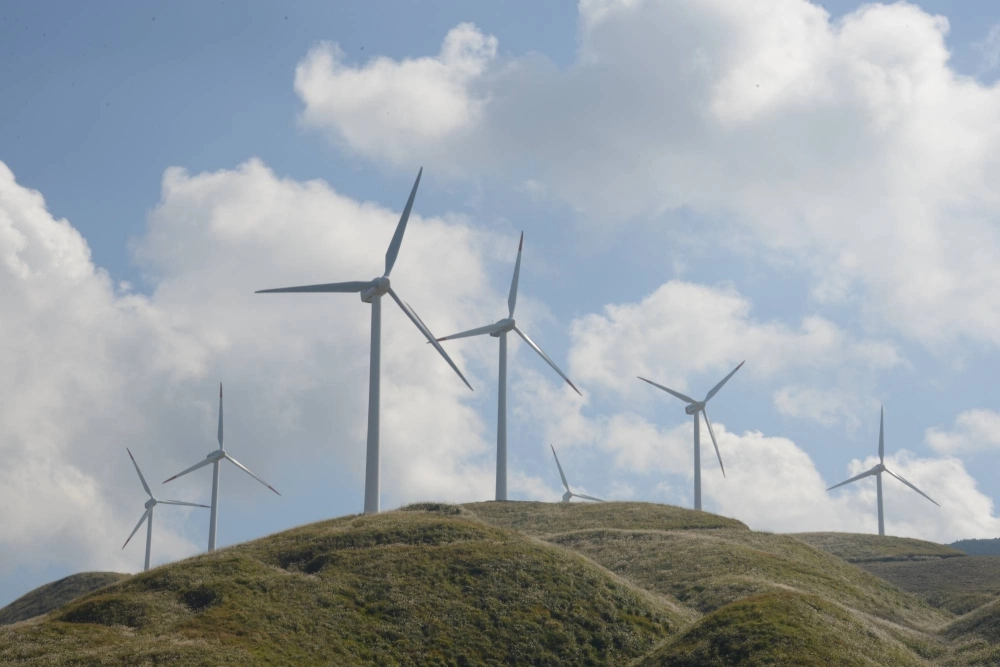 Wind turbines at a wind farm in the village of Nishihara, Kumamoto Prefecture. New wind projects continue to be announced as Japan moves forward to meet its goal of having the renewable resource make up 5% of its energy mix by 2030.  Wind turbines at a wind farm in the village of Nishihara, Kumamoto Prefecture. New wind projects continue to be announced as Japan moves forward to meet its goal of having the renewable resource make up 5% of its energy mix by 2030.