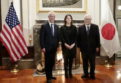 U.S. Ambassador to Japan Rahm Emanuel (left), U.S. Centers for Disease Control and Prevention Director Mandy Cohen (center) and health minister Keizo Takemi attend a ceremony to mark the opening of the U.S. agency's East Asia and Pacific regional office in Tokyo on Monday. U.S. Ambassador to Japan Rahm Emanuel (left), U.S. Centers for Disease Control and Prevention Director Mandy Cohen (center) and health minister Keizo Takemi attend a ceremony to mark the opening of the U.S. agency's East Asia and Pacific regional office in Tokyo on Monday.