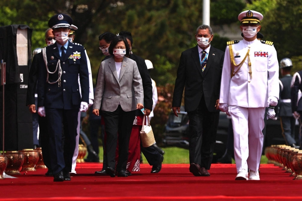 Taiwan President Tsai Ing-wen holds a welcome ceremony in September 2022 for then-Tuvaluan Prime Minister Kausea Natano in Taipei. Taiwan President Tsai Ing-wen holds a welcome ceremony in September 2022 for then-Tuvaluan Prime Minister Kausea Natano in Taipei.