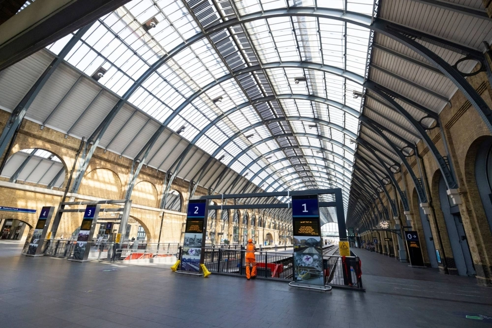 London King's Cross railway station empty after train cancellations due to a heat wave in July 2022 London King's Cross railway station empty after train cancellations due to a heat wave in July 2022