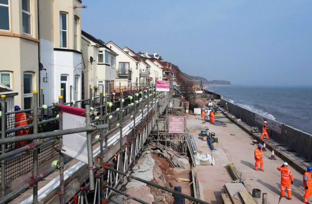 Repairs on the Exeter to Plymouth railway line due to parts of it being washed away by the sea during storms in Devon, U.K., in March 2014 Repairs on the Exeter to Plymouth railway line due to parts of it being washed away by the sea during storms in Devon, U.K., in March 2014